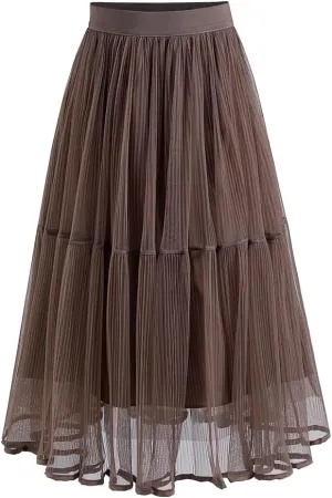 Summer Elegant Pleated Solid Elastic Waist Tulle Patchwork Flare Women Midi Skirt