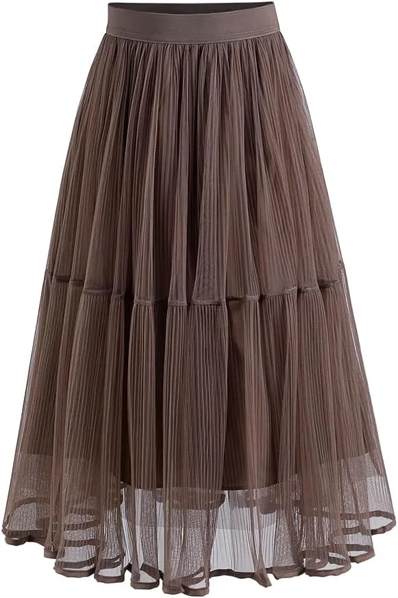 Summer Elegant Pleated Solid Elastic Waist Tulle Patchwork Flare Women Midi Skirt