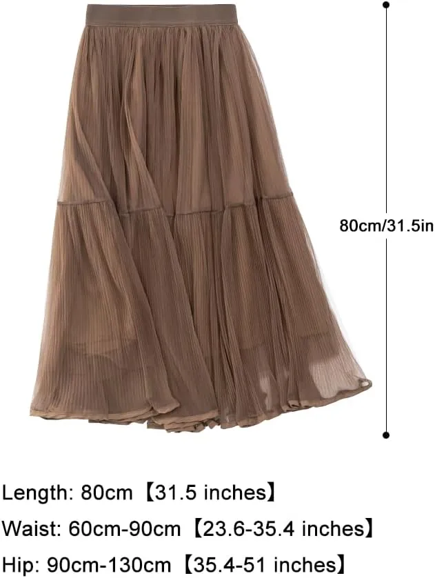 Summer Elegant Pleated Solid Elastic Waist Tulle Patchwork Flare Women Midi Skirt