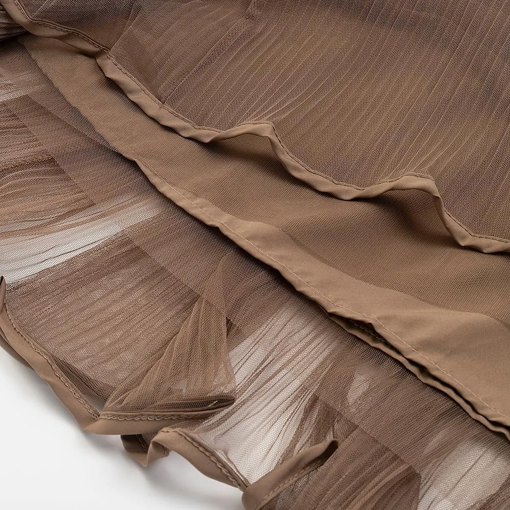 Summer Elegant Pleated Solid Elastic Waist Tulle Patchwork Flare Women Midi Skirt