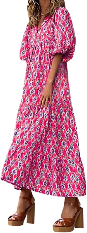 Summer Floral Print Dresses for Women Bubble 3/4 Sleeve V Neck Maxi Boho Dress Flowy Swing A-Line Beach Dresses