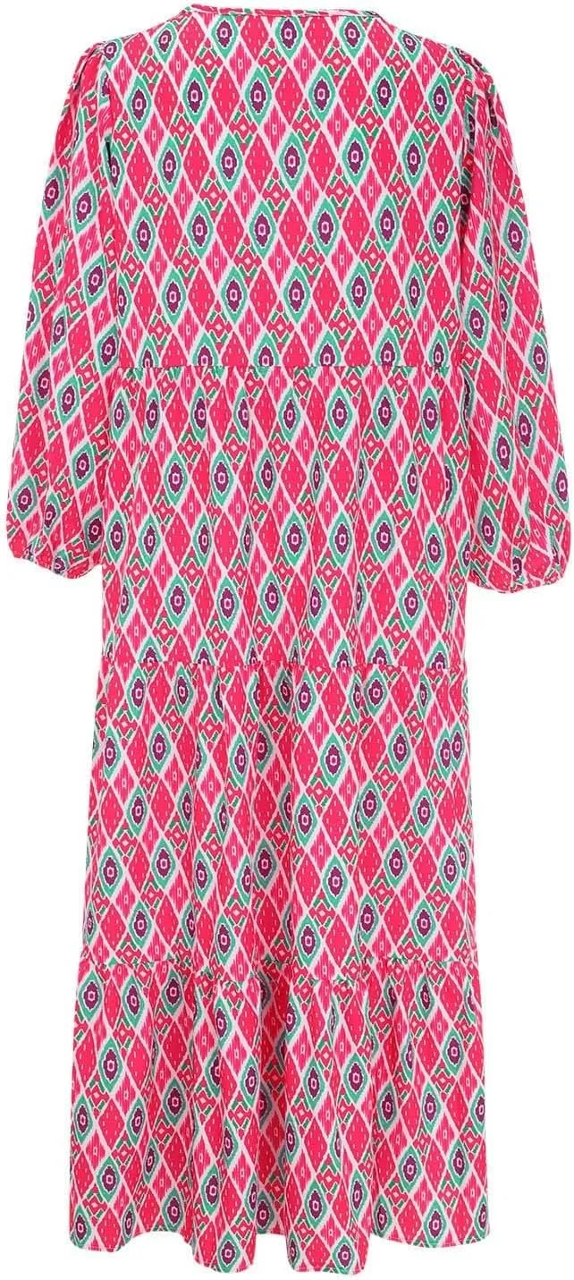 Summer Floral Print Dresses for Women Bubble 3/4 Sleeve V Neck Maxi Boho Dress Flowy Swing A-Line Beach Dresses