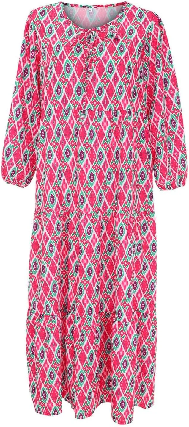 Summer Floral Print Dresses for Women Bubble 3/4 Sleeve V Neck Maxi Boho Dress Flowy Swing A-Line Beach Dresses