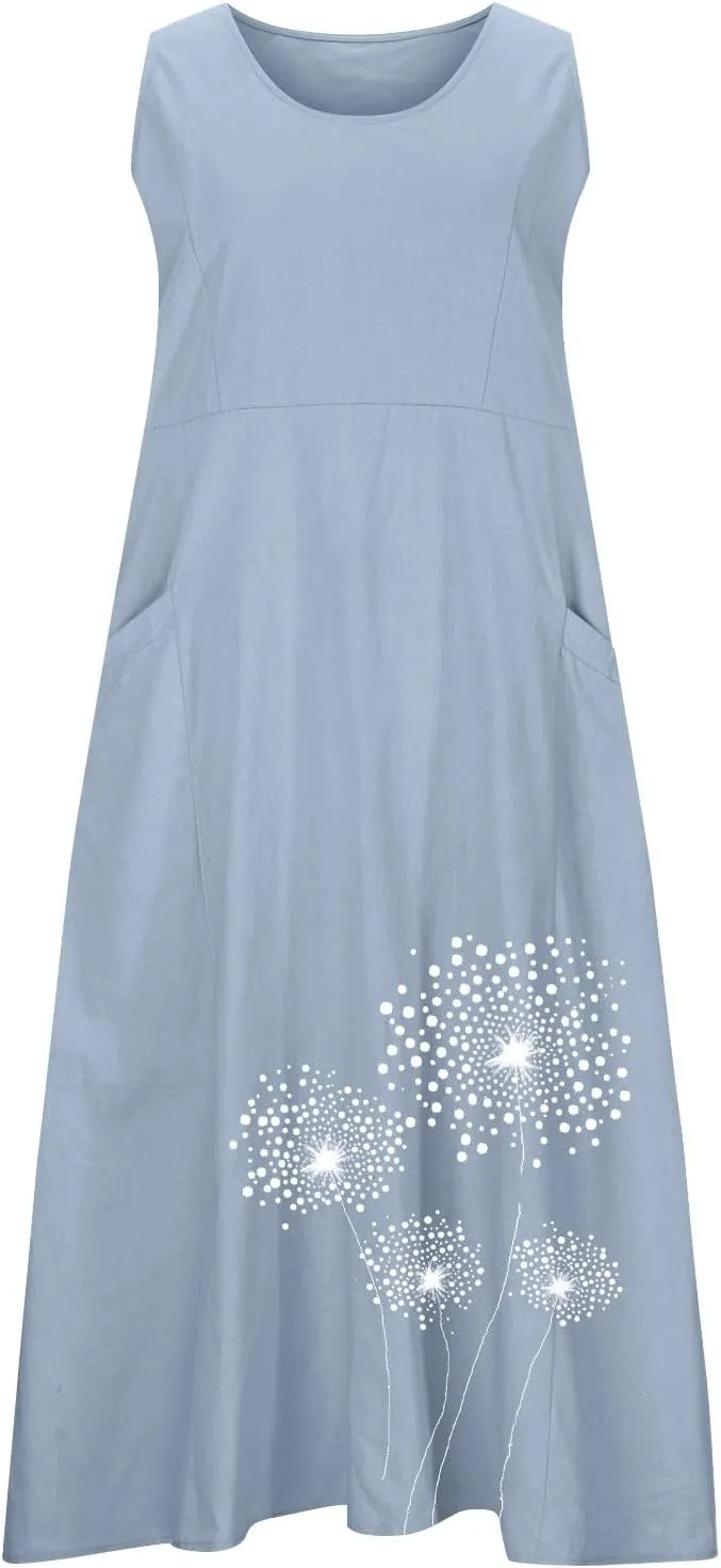Summer Linen Dresses for Women 2025 Sleeveless Crewneck Print Casual Boho Midi Sundress Beach Vacation Outfit Pockets