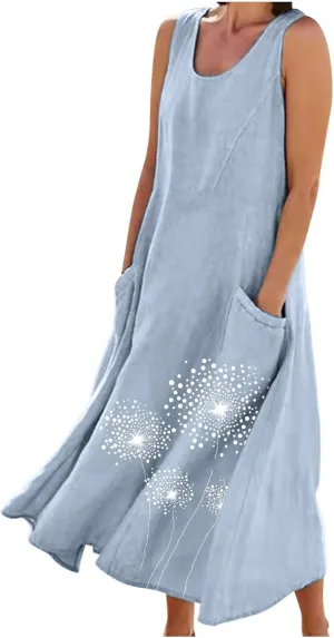 Summer Linen Dresses for Women 2025 Sleeveless Crewneck Print Casual Boho Midi Sundress Beach Vacation Outfit Pockets