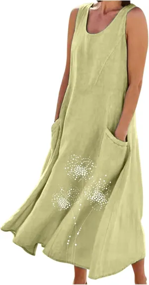 Summer Linen Dresses for Women 2025 Sleeveless Crewneck Print Casual Boho Midi Sundress Beach Vacation Outfit Pockets