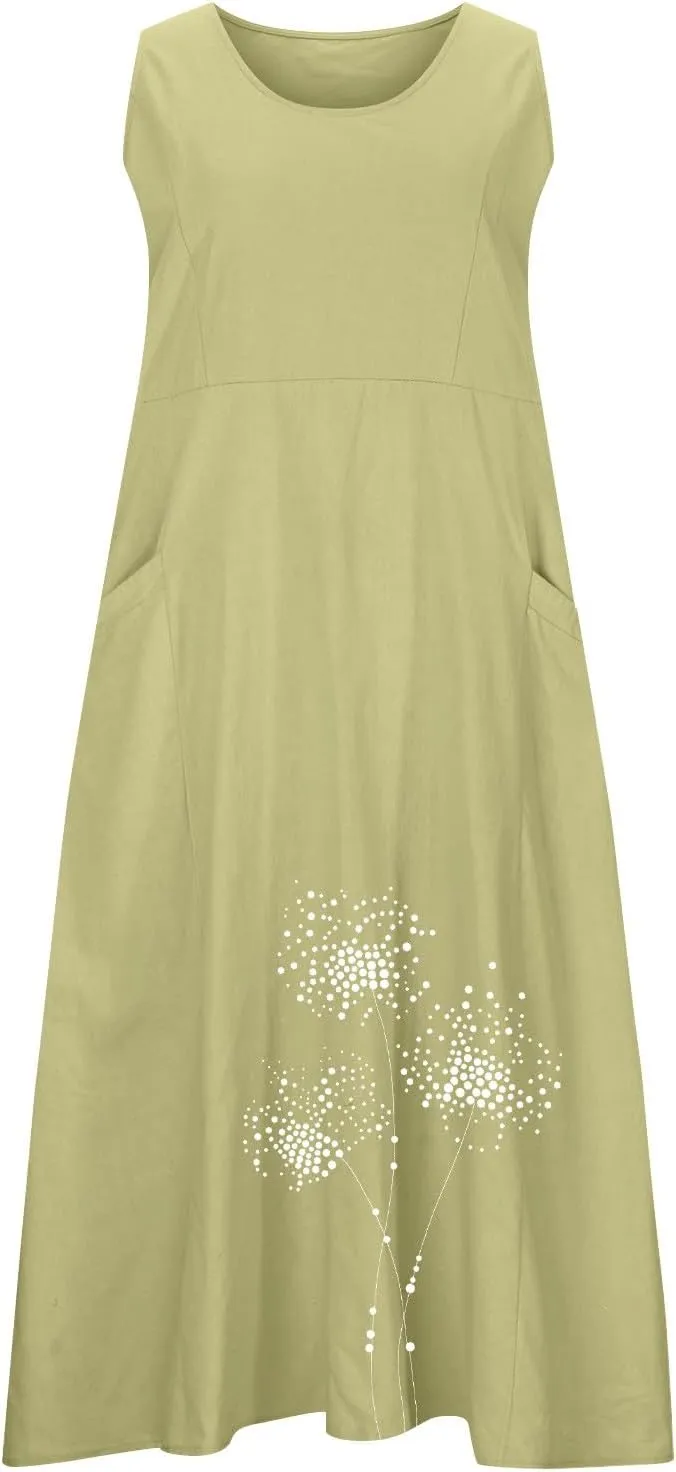 Summer Linen Dresses for Women 2025 Sleeveless Crewneck Print Casual Boho Midi Sundress Beach Vacation Outfit Pockets