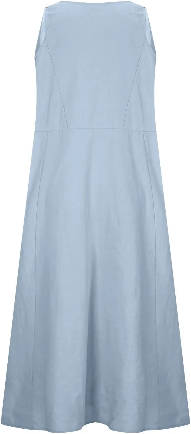 Summer Linen Dresses for Women 2025 Sleeveless Crewneck Print Casual Boho Midi Sundress Beach Vacation Outfit Pockets