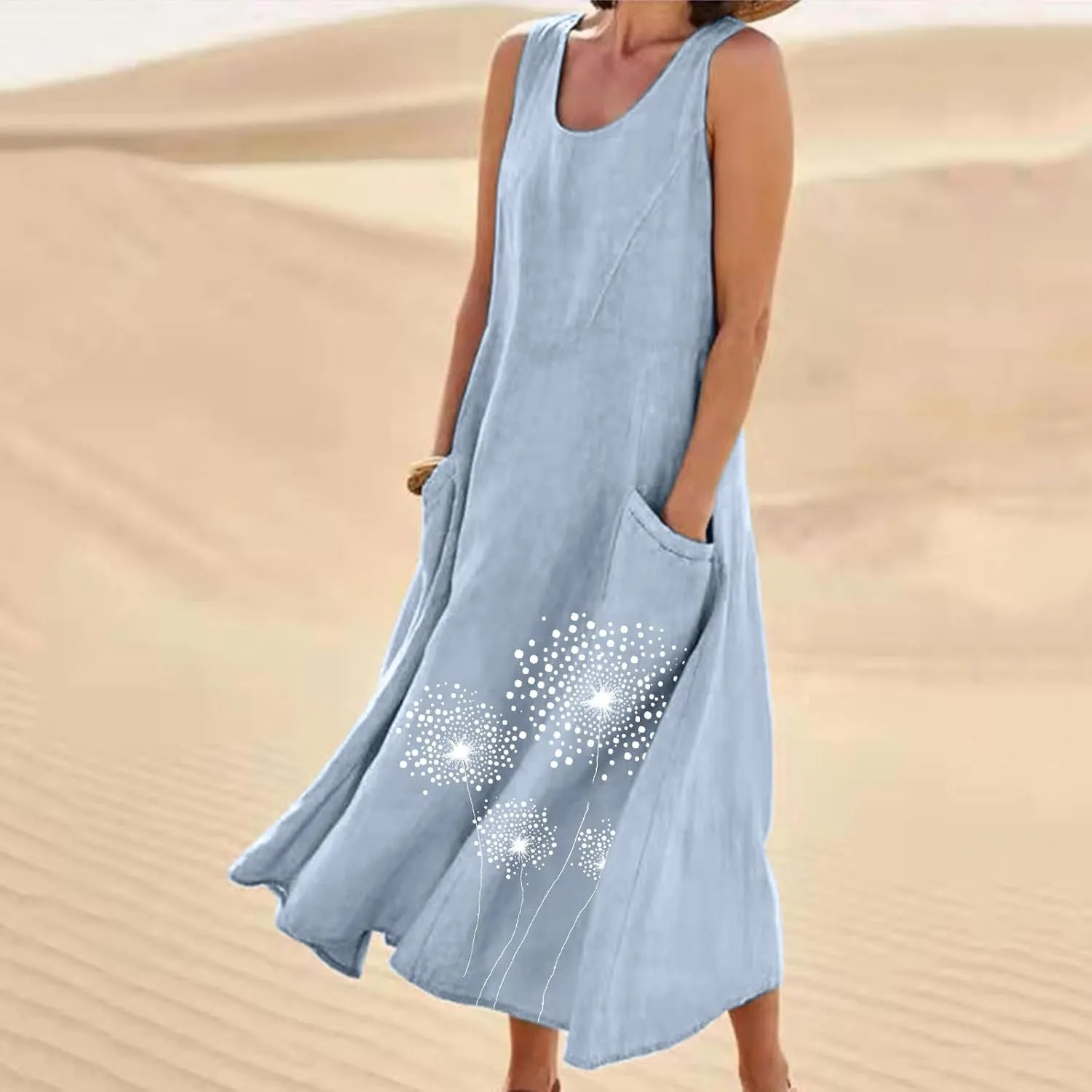 Summer Linen Dresses for Women 2025 Sleeveless Crewneck Print Casual Boho Midi Sundress Beach Vacation Outfit Pockets