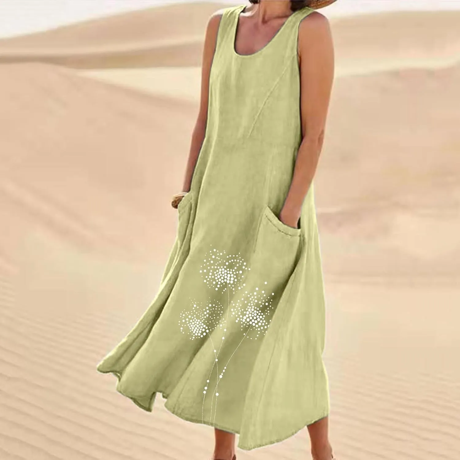Summer Linen Dresses for Women 2025 Sleeveless Crewneck Print Casual Boho Midi Sundress Beach Vacation Outfit Pockets