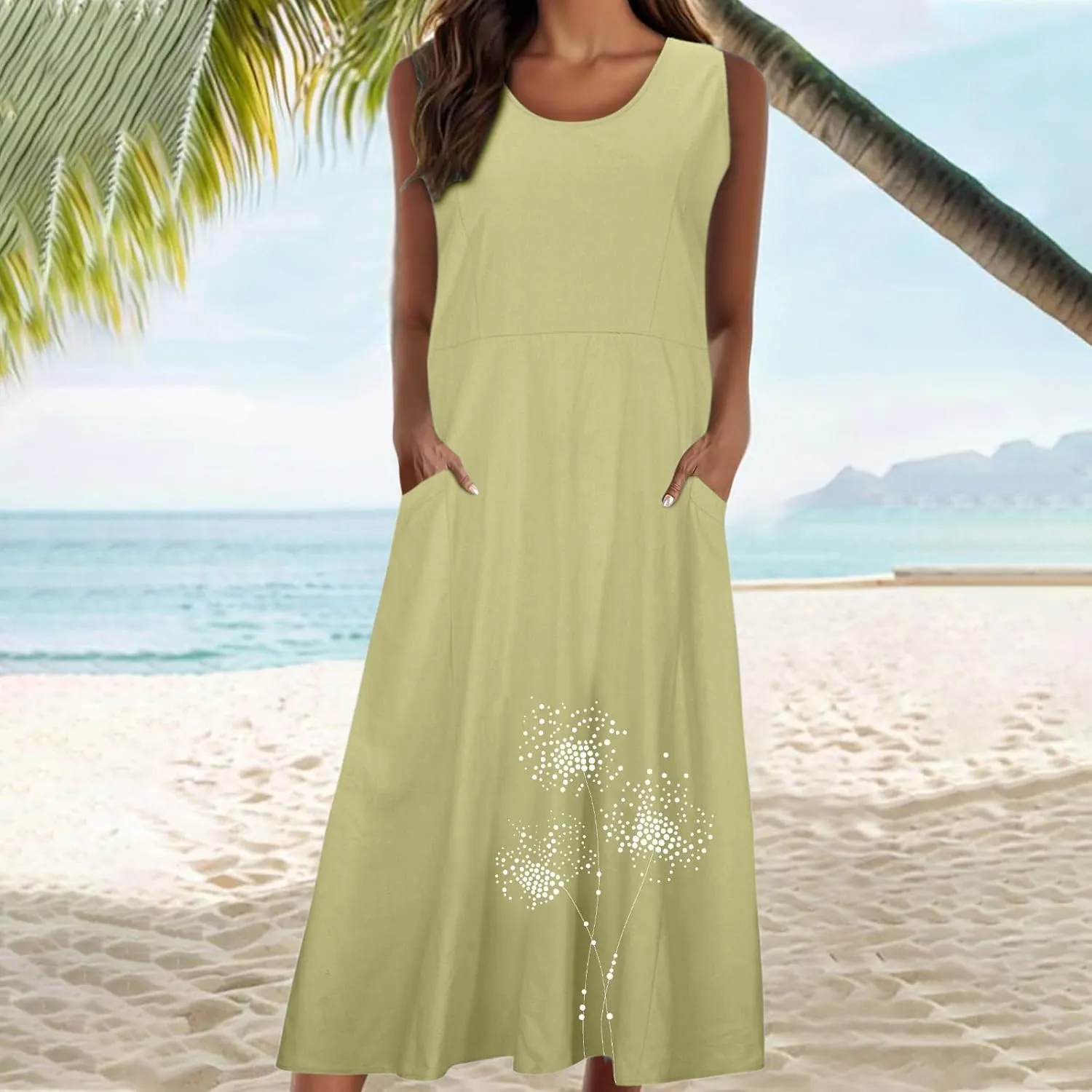 Summer Linen Dresses for Women 2025 Sleeveless Crewneck Print Casual Boho Midi Sundress Beach Vacation Outfit Pockets