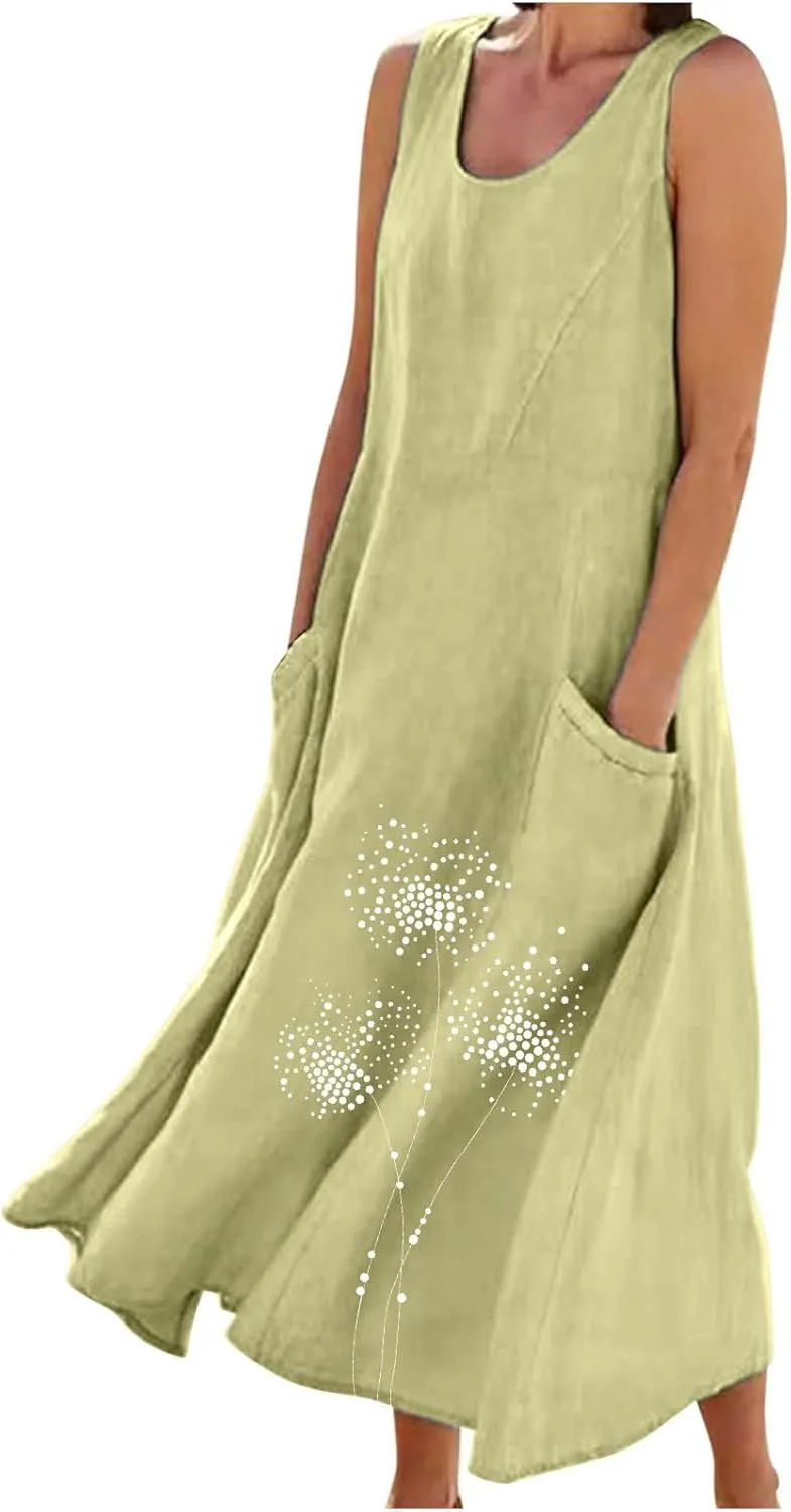 Summer Linen Dresses for Women 2025 Sleeveless Crewneck Print Casual Boho Midi Sundress Beach Vacation Outfit Pockets