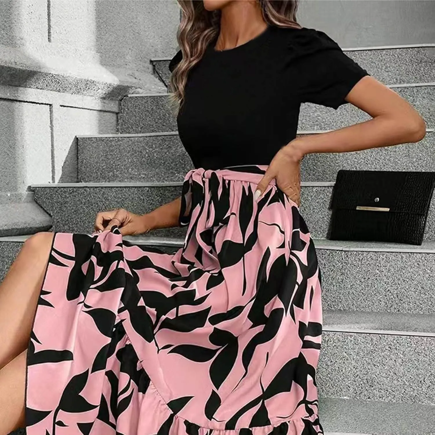Summer Maxi Dresses for Women 2025 Casual Short Sleeve Floral Dress with Belt Elegant Wedding Guest Long Flowy Sun Dresses