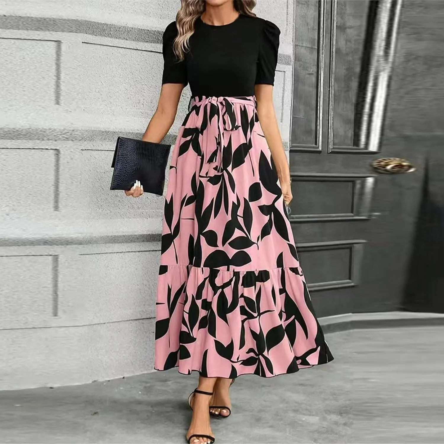 Summer Maxi Dresses for Women 2025 Casual Short Sleeve Floral Dress with Belt Elegant Wedding Guest Long Flowy Sun Dresses