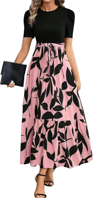 Summer Maxi Dresses for Women 2025 Casual Short Sleeve Floral Dress with Belt Elegant Wedding Guest Long Flowy Sun Dresses