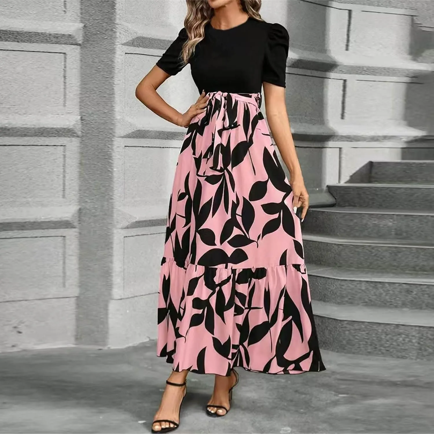 Summer Maxi Dresses for Women 2025 Casual Short Sleeve Floral Dress with Belt Elegant Wedding Guest Long Flowy Sun Dresses