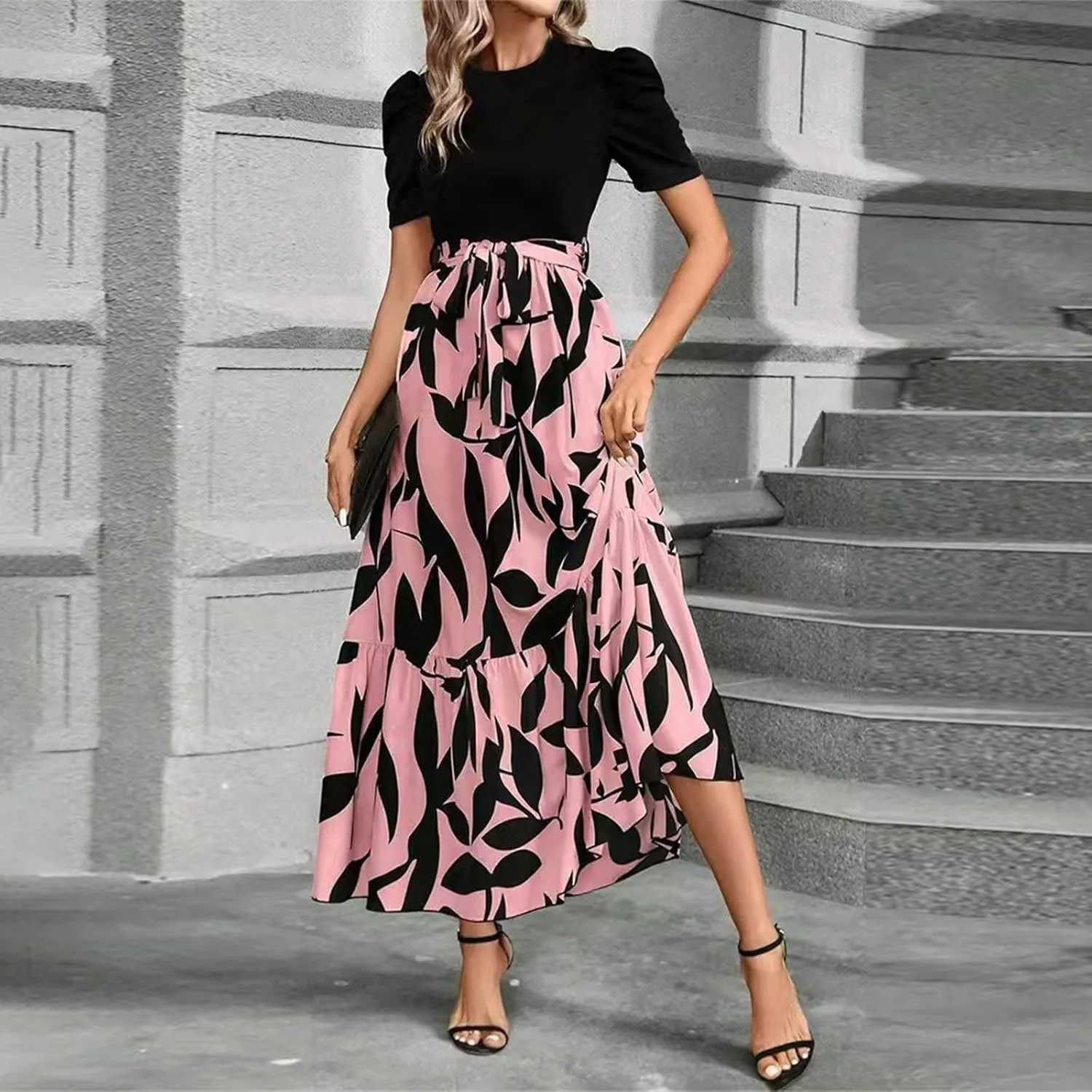 Summer Maxi Dresses for Women 2025 Casual Short Sleeve Floral Dress with Belt Elegant Wedding Guest Long Flowy Sun Dresses