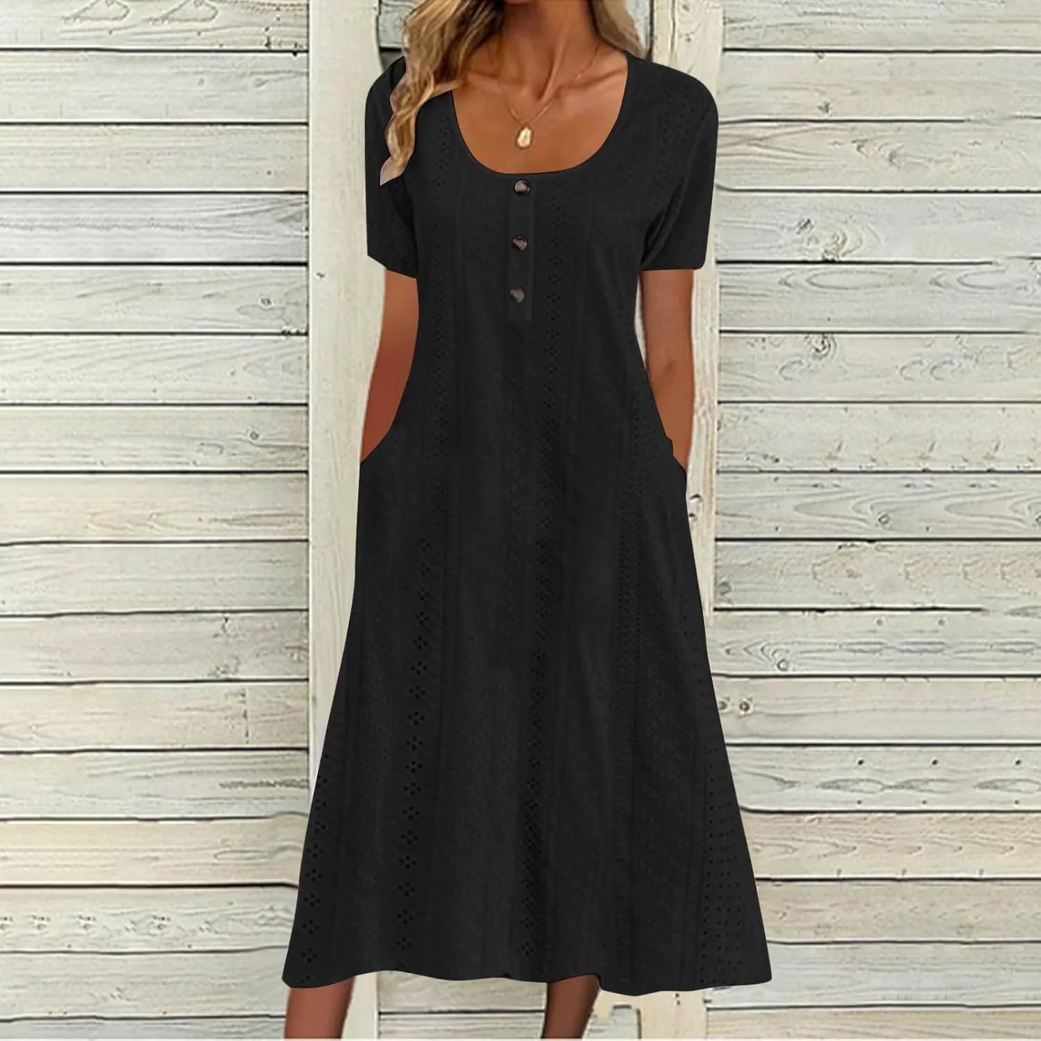 Summer Midi Dresses for Women Boho Short Sleeve Eyelet Cover Up Dress Casual Flowy Swing Beach Sundress with Pockets