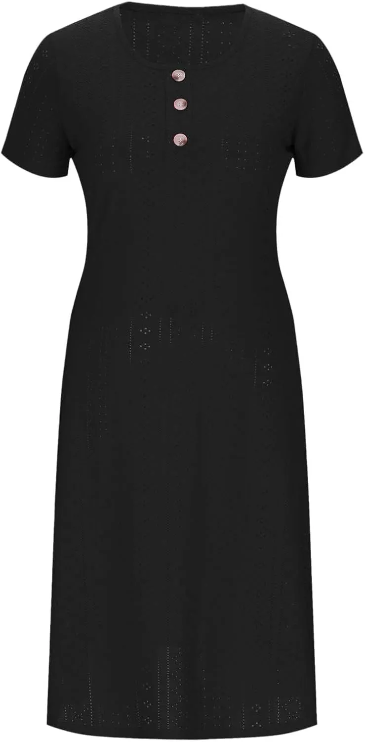 Summer Midi Dresses for Women Boho Short Sleeve Eyelet Cover Up Dress Casual Flowy Swing Beach Sundress with Pockets