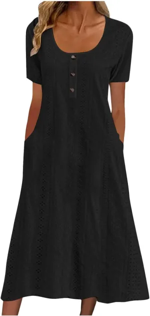 Summer Midi Dresses for Women Boho Short Sleeve Eyelet Cover Up Dress Casual Flowy Swing Beach Sundress with Pockets