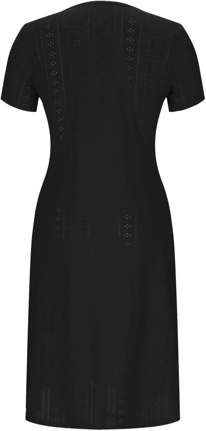 Summer Midi Dresses for Women Boho Short Sleeve Eyelet Cover Up Dress Casual Flowy Swing Beach Sundress with Pockets