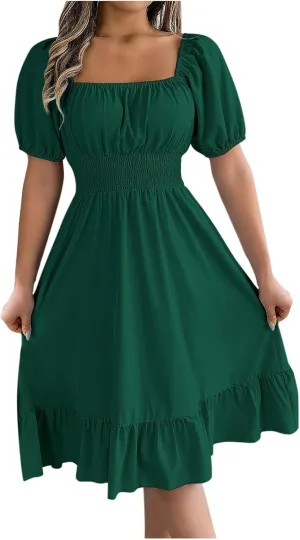 Summer Milkmaid Dresses for Women Square Neck Puff Sleeve Mini Dress Casual Cute ALine Ruffle Flowy Cottagecore Dress