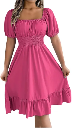 Summer Milkmaid Dresses for Women Square Neck Puff Sleeve Mini Dress Casual Cute ALine Ruffle Flowy Cottagecore Dress