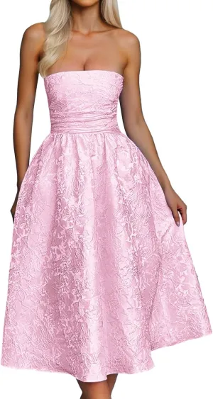Summer Strapless Floral Homecoming Dresses with Pocket Corset A Line Midi Cocktail Plus Size Dresses for