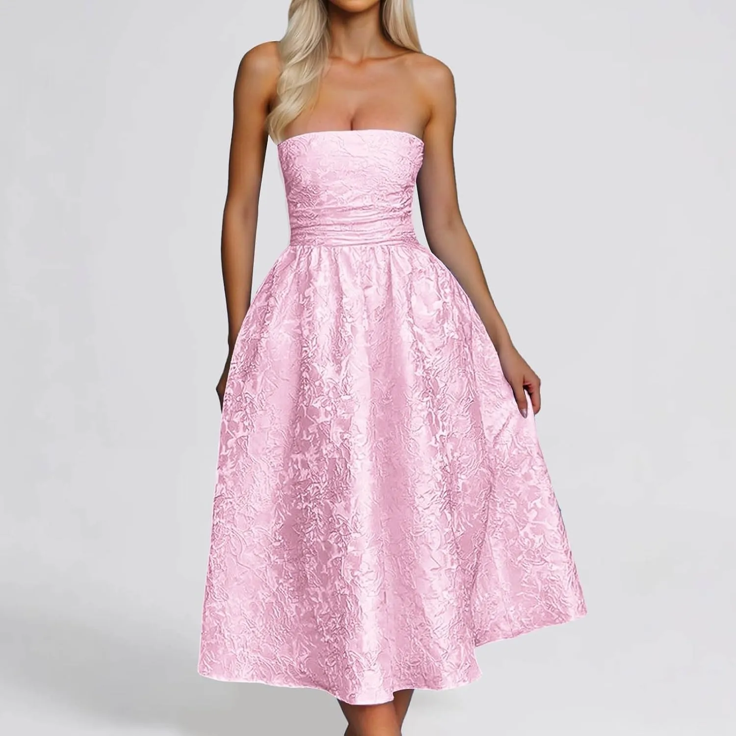 Summer Strapless Floral Homecoming Dresses with Pocket Corset A Line Midi Cocktail Plus Size Dresses for