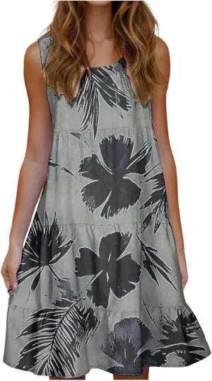 Summer Tank Dresses for Women Ruffle Tiered Loose Casual A Line Beach Dress Sleeveless Floral Print Boho Sundress