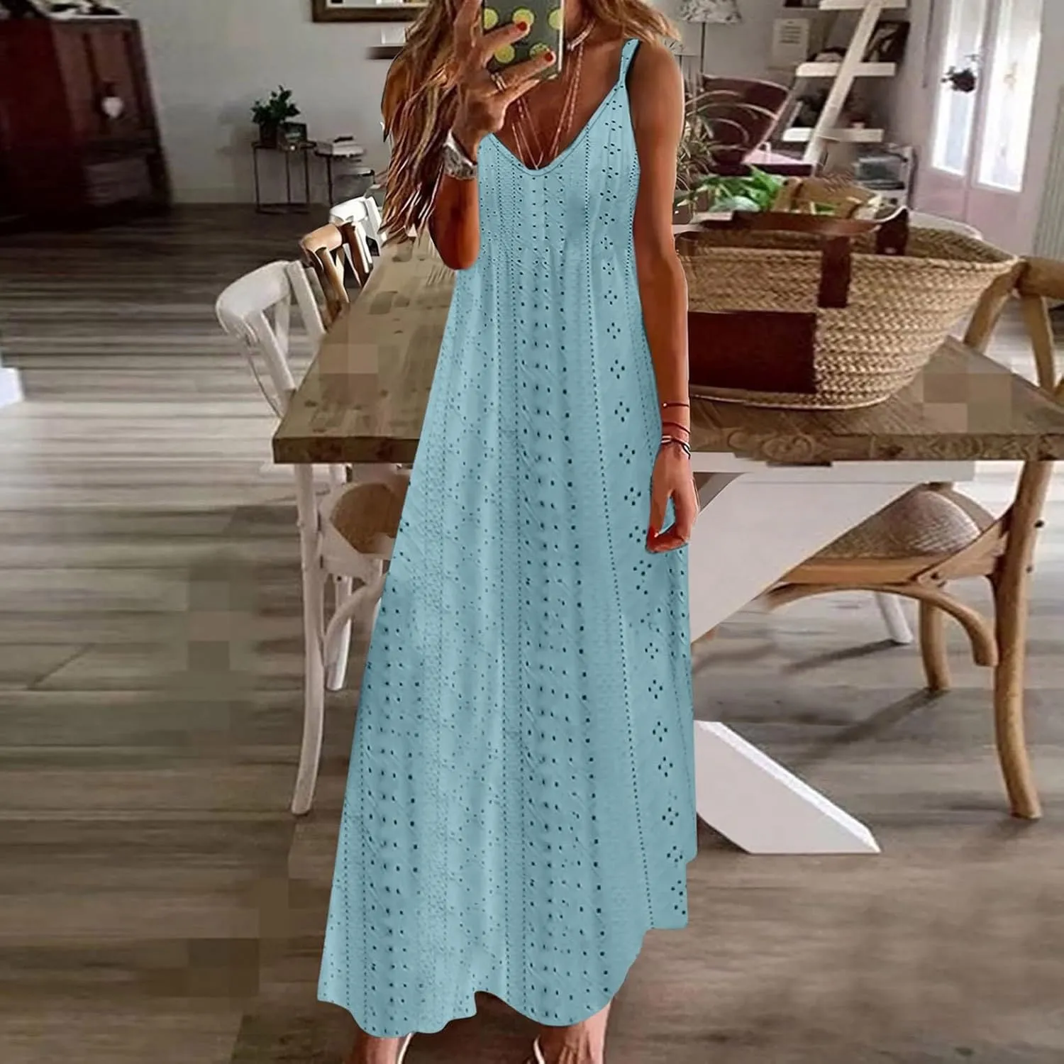Sundresses For Women 2025 Vacation V Neck Spaghetti Strap Casual Summer Long Maxi Dress Sexy Trendy Beach Dresses