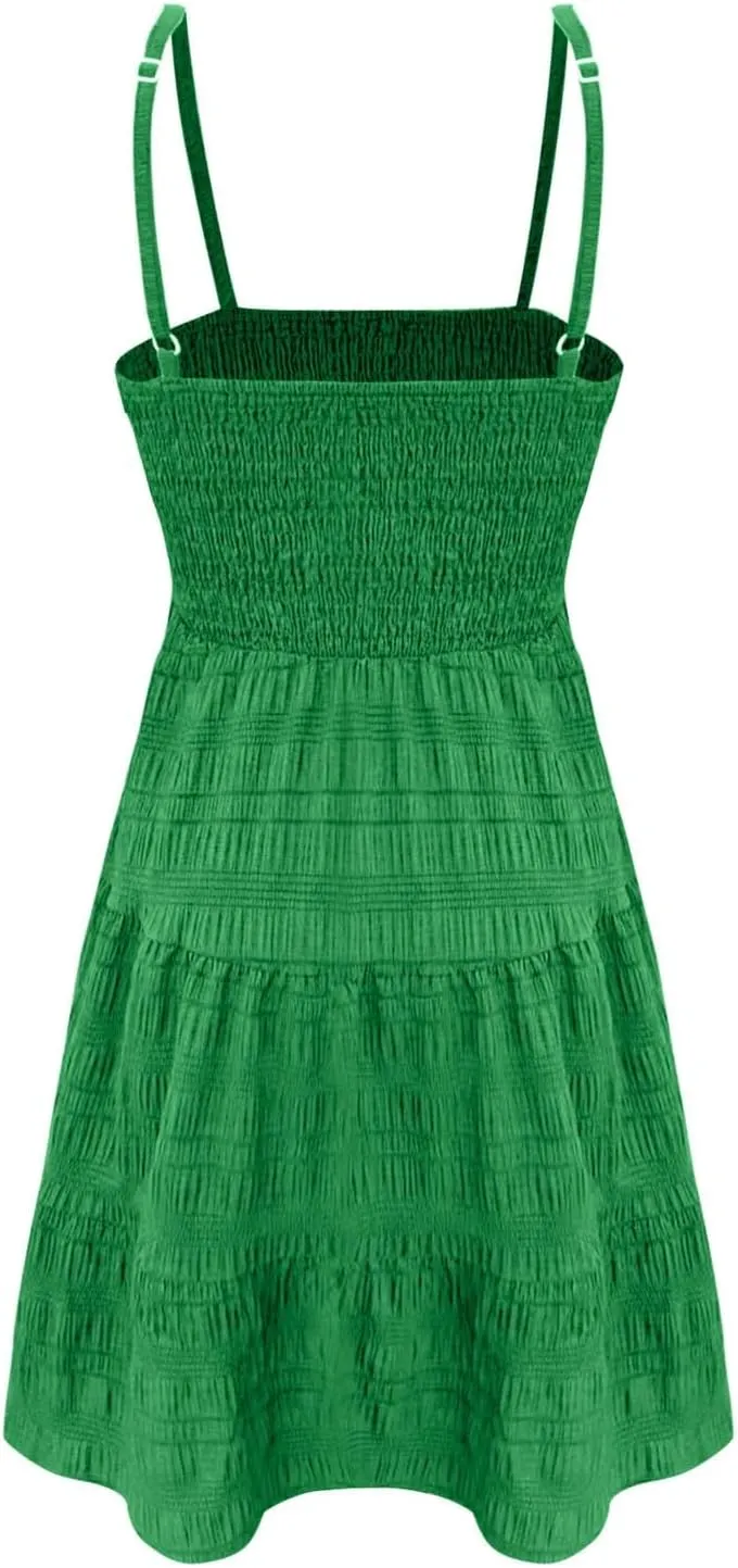 Sundresses for Women Smocked Spaghetti Strap Square Neck Mini Babydoll Dress Casual Summer Flowy Tiered Ruffle Dress