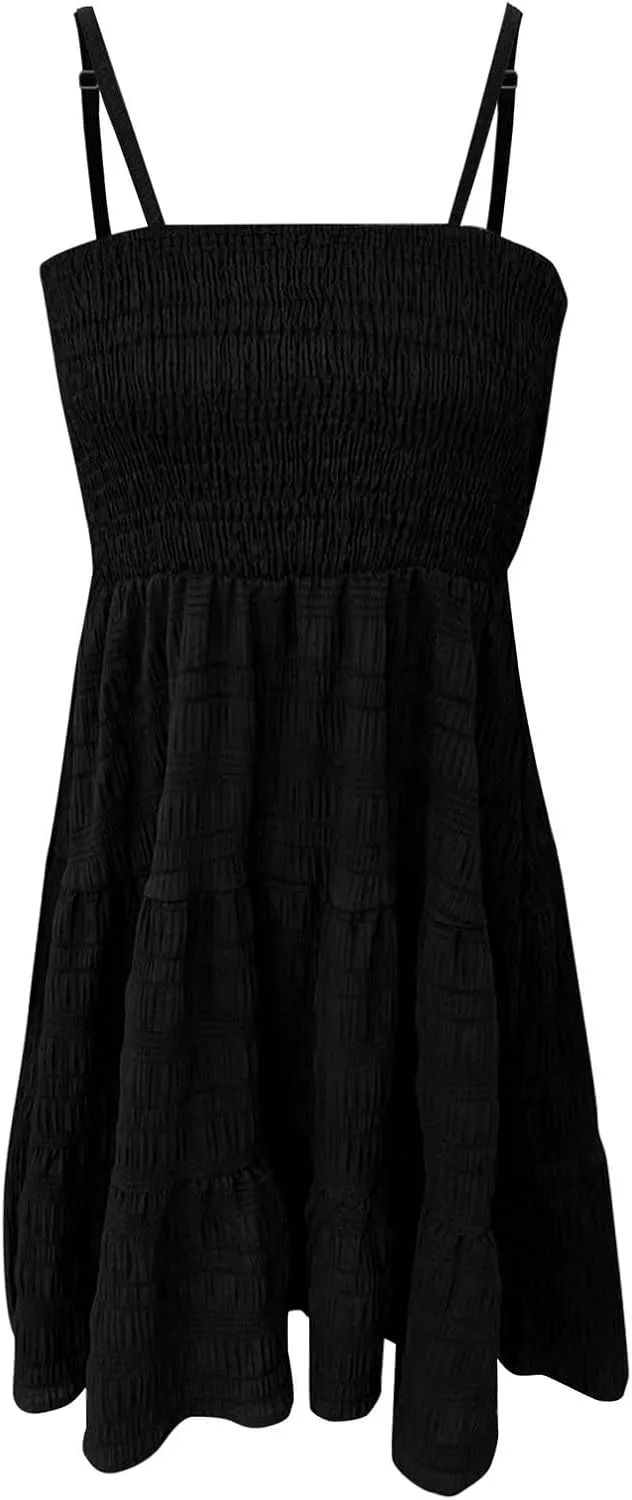 Sundresses for Women Smocked Spaghetti Strap Square Neck Mini Babydoll Dress Casual Summer Flowy Tiered Ruffle Dress