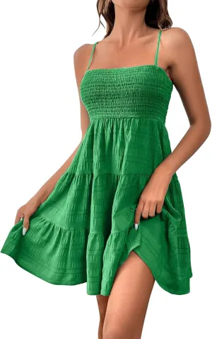 Sundresses for Women Smocked Spaghetti Strap Square Neck Mini Babydoll Dress Casual Summer Flowy Tiered Ruffle Dress