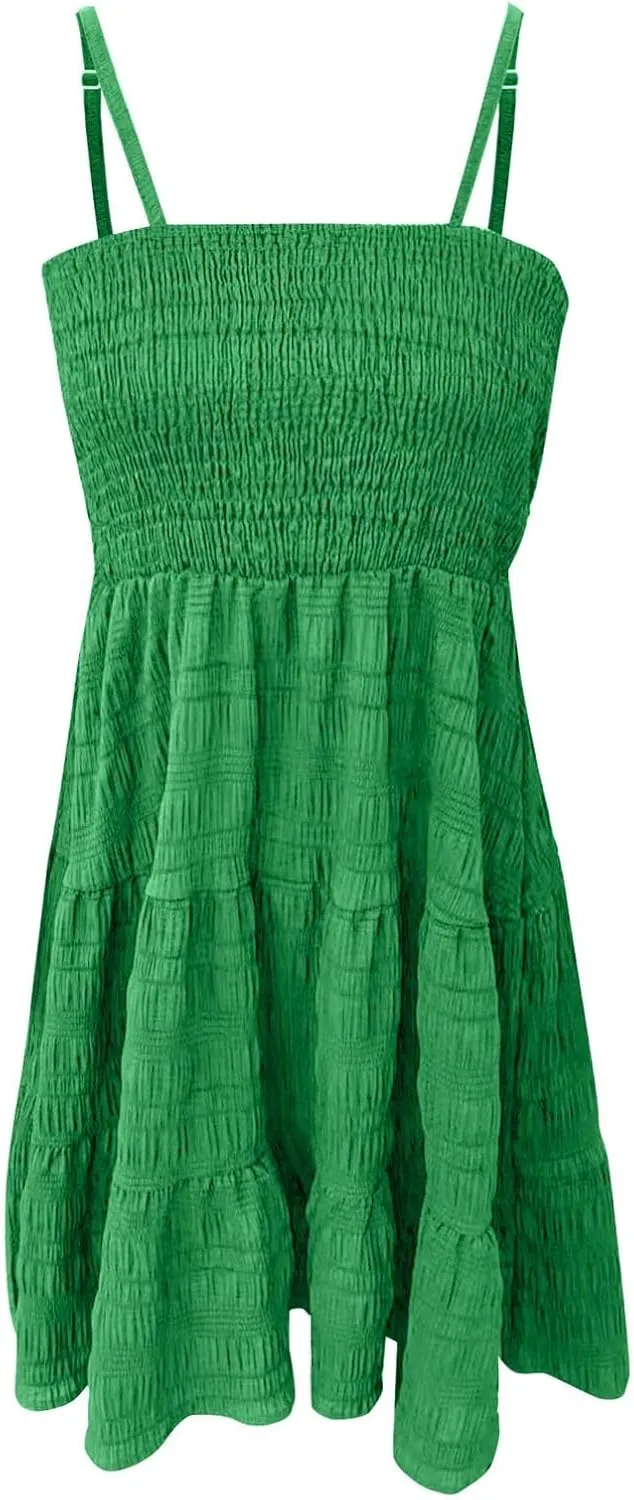 Sundresses for Women Smocked Spaghetti Strap Square Neck Mini Babydoll Dress Casual Summer Flowy Tiered Ruffle Dress