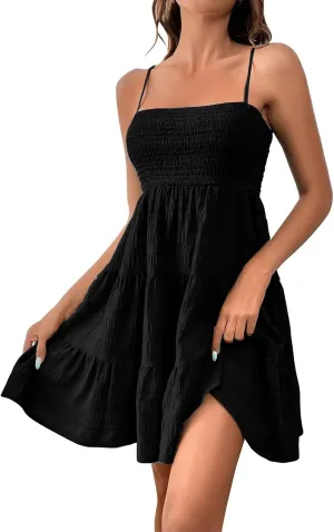 Sundresses for Women Smocked Spaghetti Strap Square Neck Mini Babydoll Dress Casual Summer Flowy Tiered Ruffle Dress