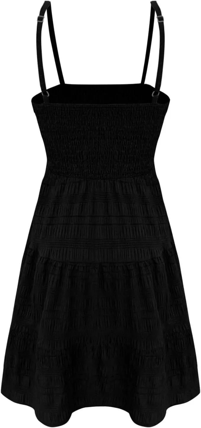 Sundresses for Women Smocked Spaghetti Strap Square Neck Mini Babydoll Dress Casual Summer Flowy Tiered Ruffle Dress