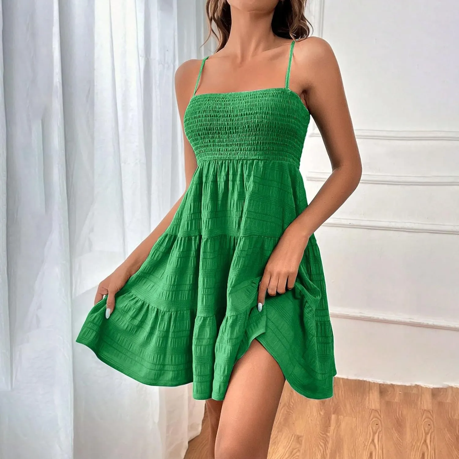 Sundresses for Women Smocked Spaghetti Strap Square Neck Mini Babydoll Dress Casual Summer Flowy Tiered Ruffle Dress
