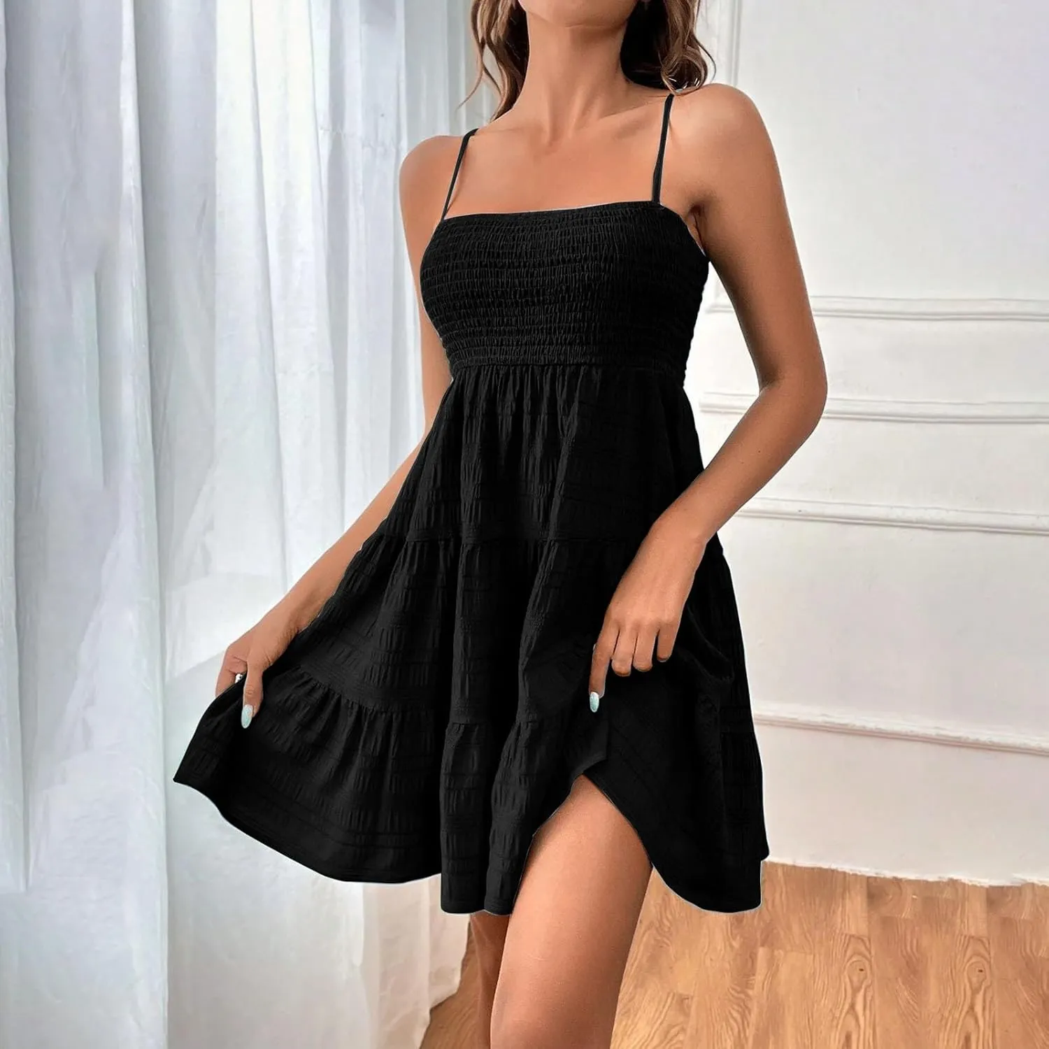 Sundresses for Women Smocked Spaghetti Strap Square Neck Mini Babydoll Dress Casual Summer Flowy Tiered Ruffle Dress