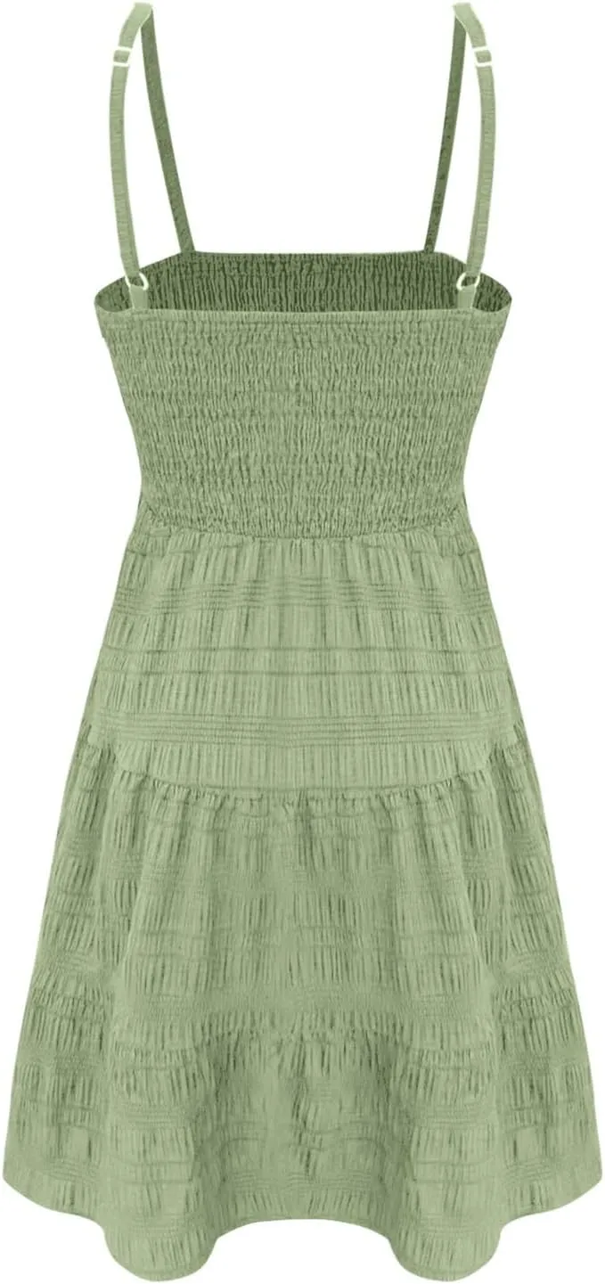 Sundresses for Women Smocked Spaghetti Strap Square Neck Mini Babydoll Dress Casual Summer Flowy Tiered Ruffle Dress
