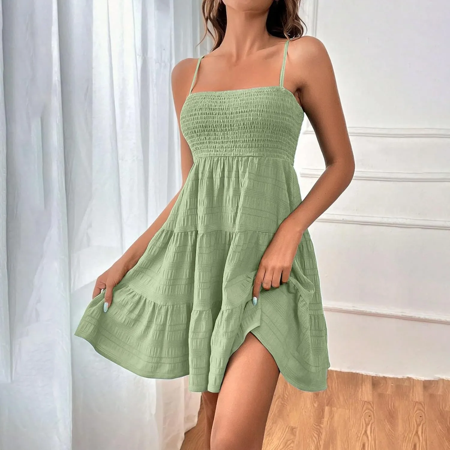 Sundresses for Women Smocked Spaghetti Strap Square Neck Mini Babydoll Dress Casual Summer Flowy Tiered Ruffle Dress
