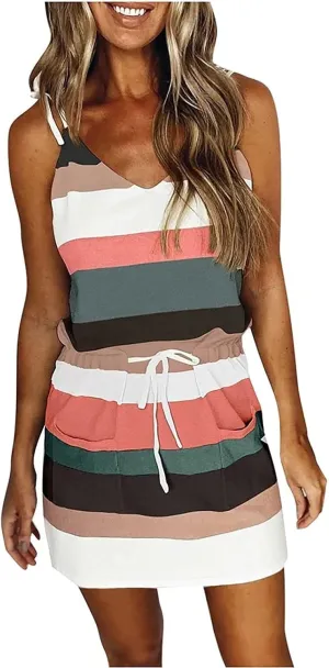 Sundresses for Women,2024 Summer Casual Sling V Neck Mini Dress,Trendy Striped Drawstring T Shirt Dress with Pockets