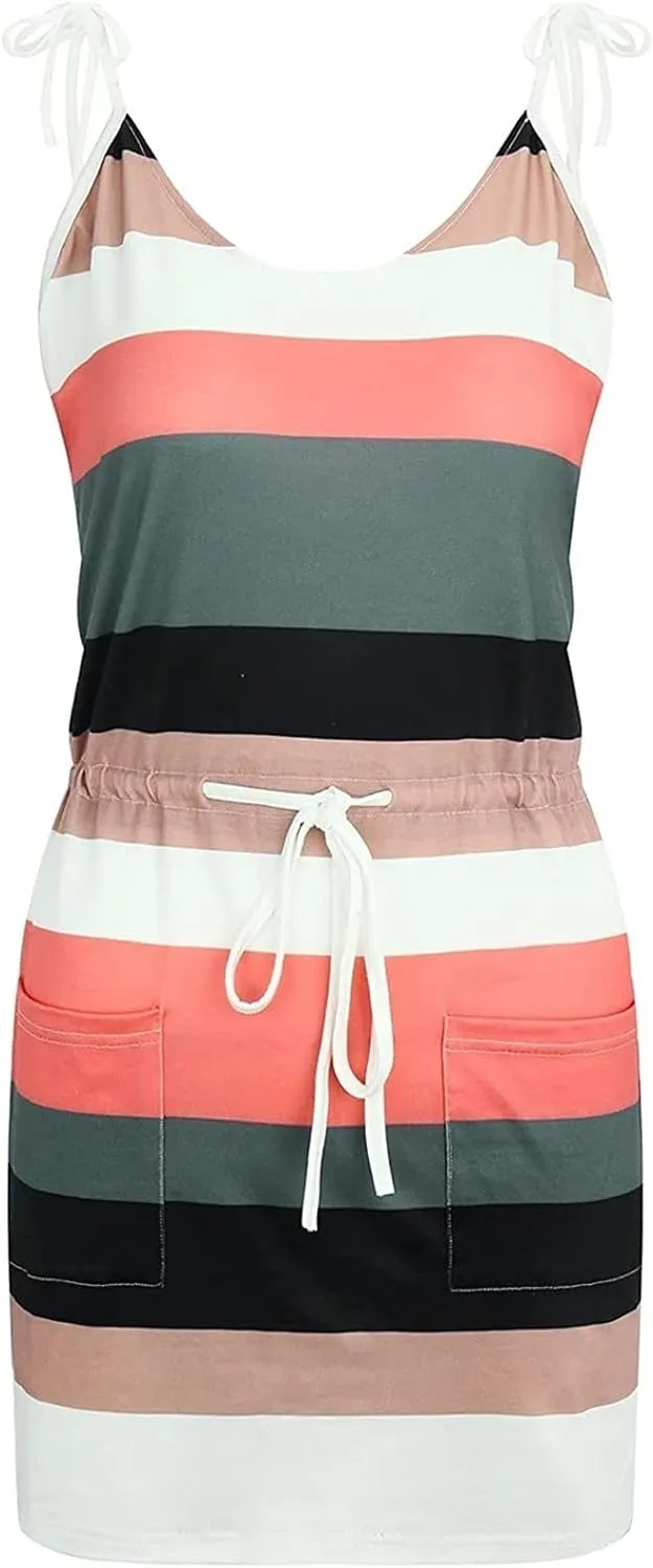 Sundresses for Women,2024 Summer Casual Sling V Neck Mini Dress,Trendy Striped Drawstring T Shirt Dress with Pockets