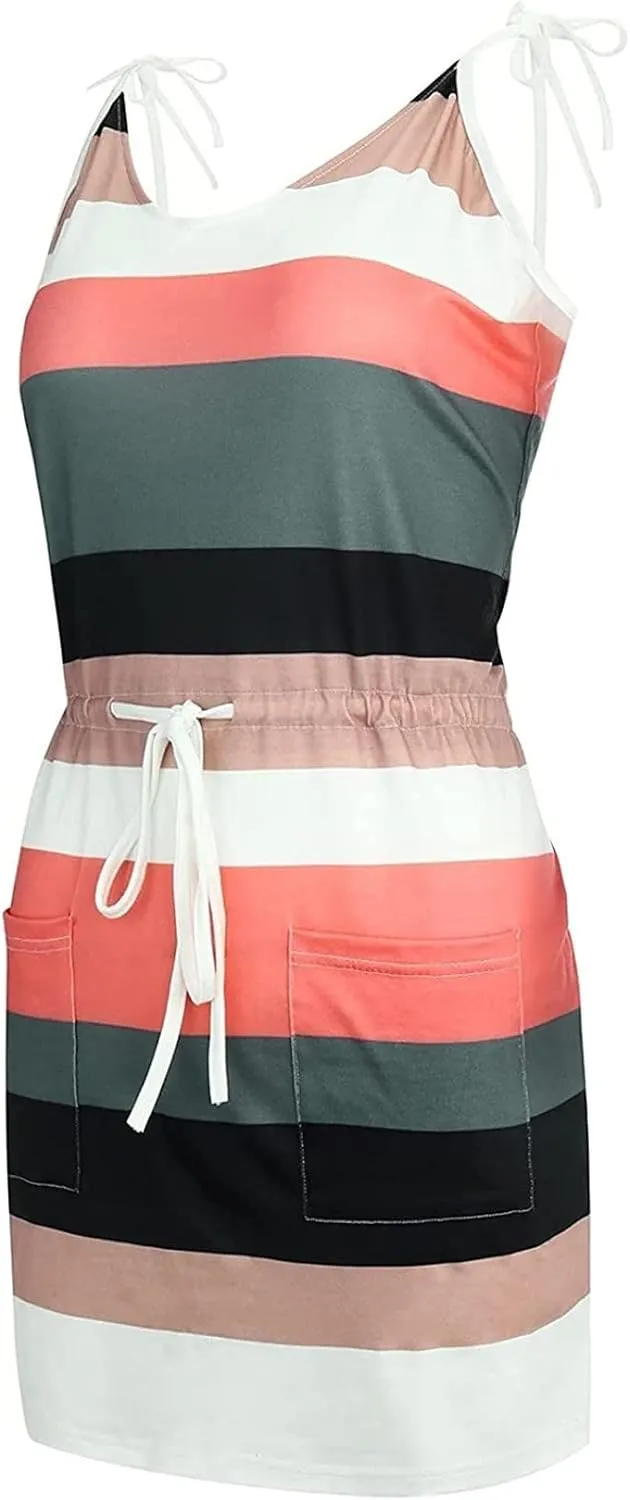 Sundresses for Women,2024 Summer Casual Sling V Neck Mini Dress,Trendy Striped Drawstring T Shirt Dress with Pockets