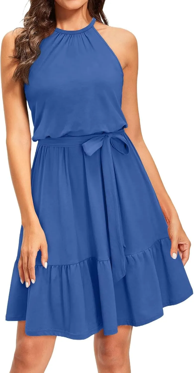 Sundresses for Women,2025 Spring Summer Elegant Sleeveless Halter Mini Beach Dress,Flowy Ruched Swing Vacation Dress