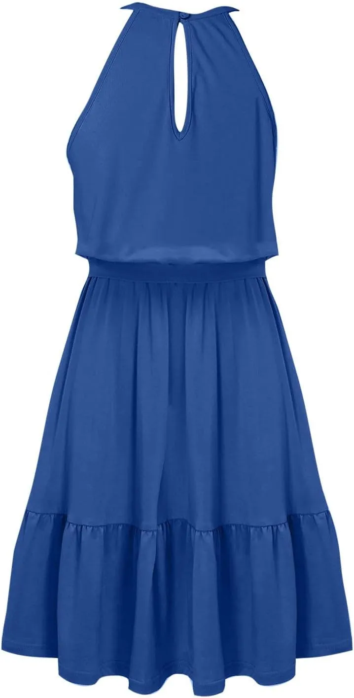 Sundresses for Women,2025 Spring Summer Elegant Sleeveless Halter Mini Beach Dress,Flowy Ruched Swing Vacation Dress