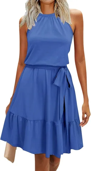 Sundresses for Women,2025 Spring Summer Elegant Sleeveless Halter Mini Beach Dress,Flowy Ruched Swing Vacation Dress
