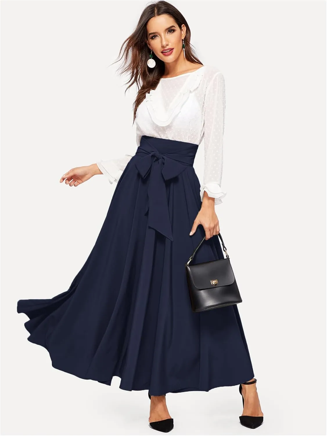 SweatyRocks Women's Elegant High Waist Skirt Tie Front Pleated Maxi Skirts
