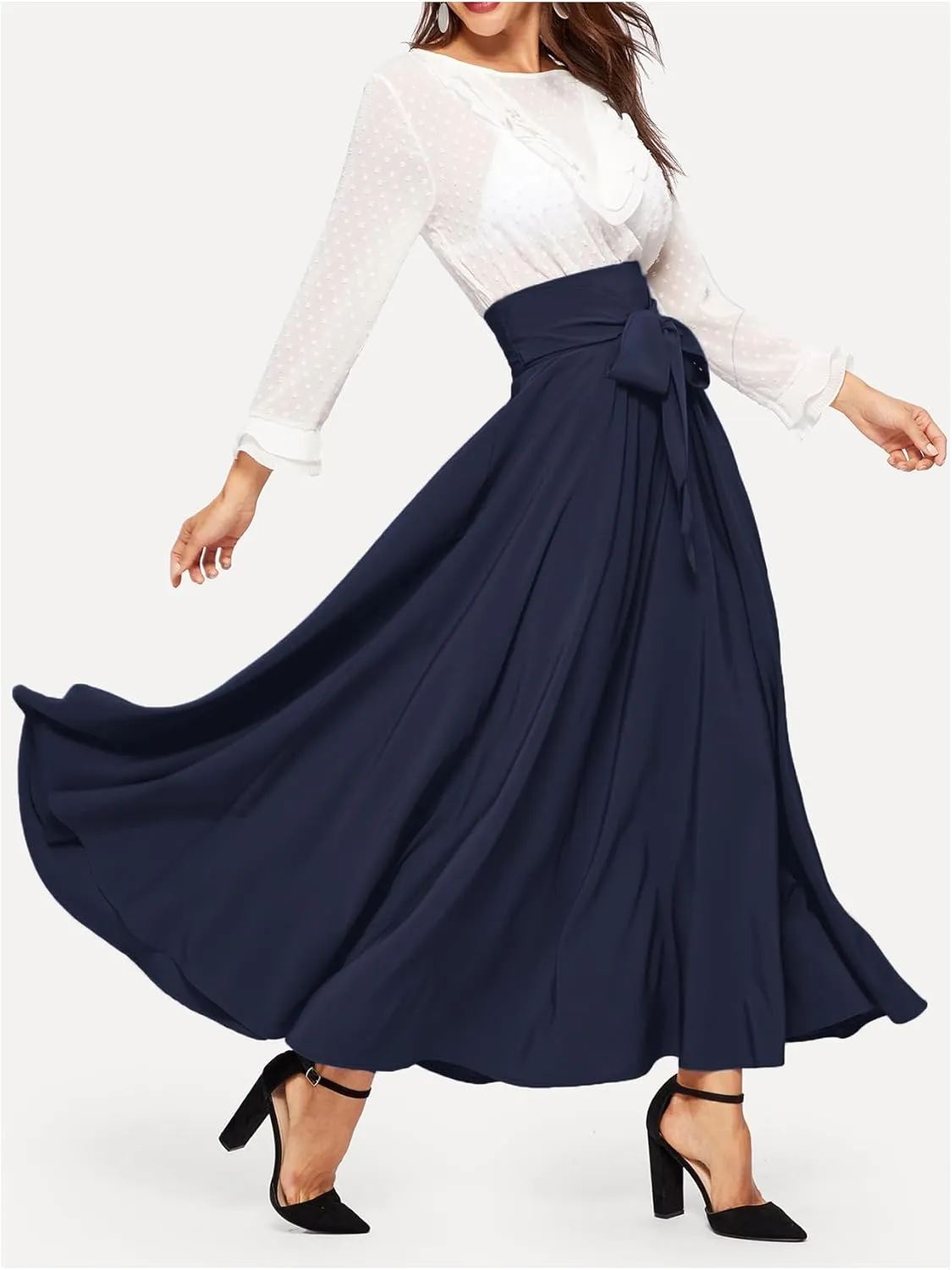 SweatyRocks Women's Elegant High Waist Skirt Tie Front Pleated Maxi Skirts