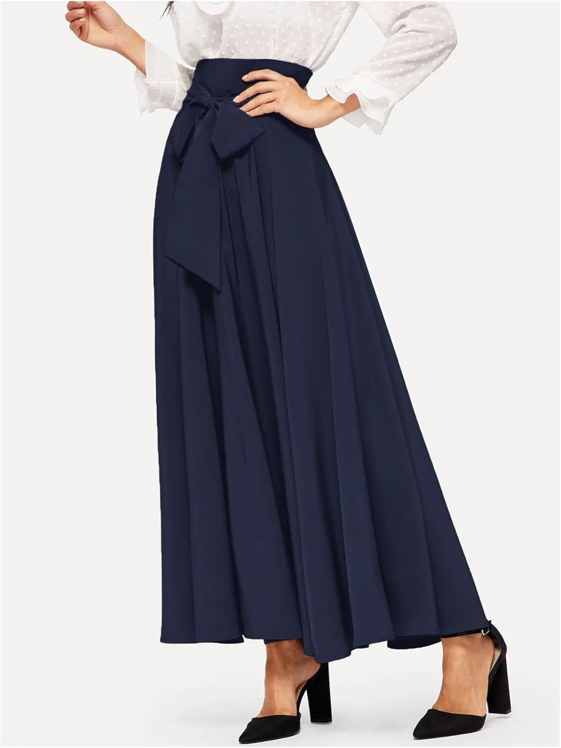 SweatyRocks Women's Elegant High Waist Skirt Tie Front Pleated Maxi Skirts